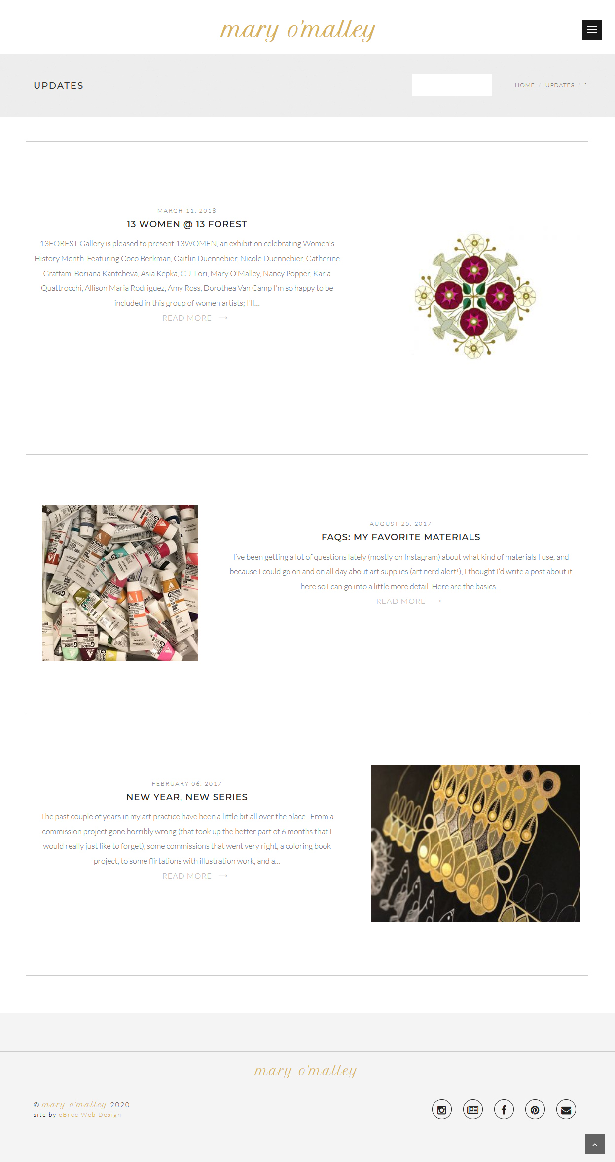 Wide-format alternating news feed - maryomalleyart.com &copy; by eBree Web Design